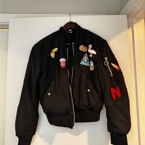Black Bomber Jacket with Colorful Patches